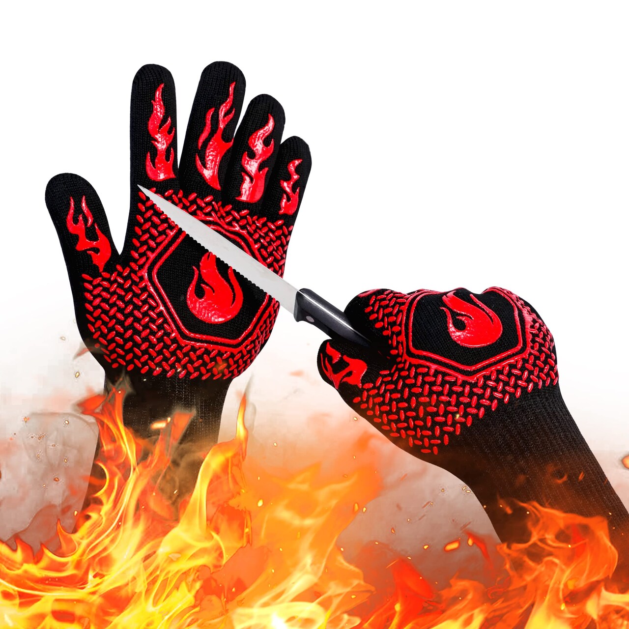 BBQ Fireproof Gloves, Grill Cut-Resistant 1472°F Heat Resistant Gloves, Non-Slip Silicone Oven Gloves, Kitchen Safe Cooking Gloves for Oven Mitts,Barbecue,Cooking, Frying,13.8 Inch-Red